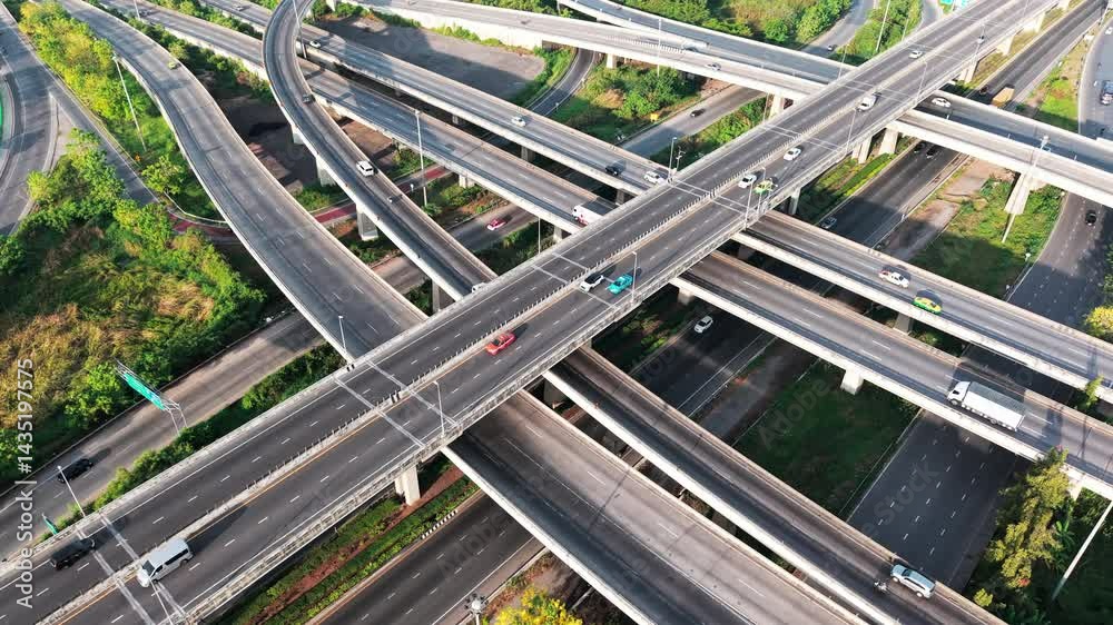 Aerial view city intersection transport road with car movement transport industry