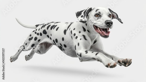 Dalmatian dog in mid-air run.  Happy, playful, spotted photo