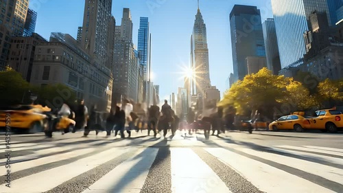 Crowded crosswalk in city with fast moving people and cars
