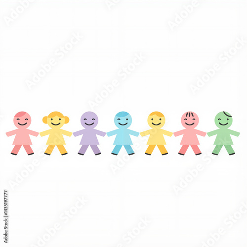 Colorful paper dolls holding hands in a cheerful style,  in a vector style    