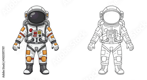 Astronaut Coloring Page: A delightful coloring page featuring an astronaut in a detailed space suit, with a blank outline for kids to color in.