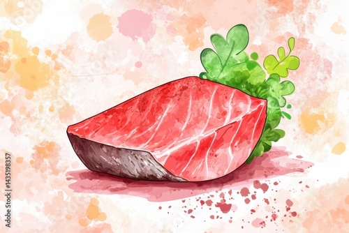 Obraz na płótnie Watercolor tuna steak on artistic background with green garnish w salonie