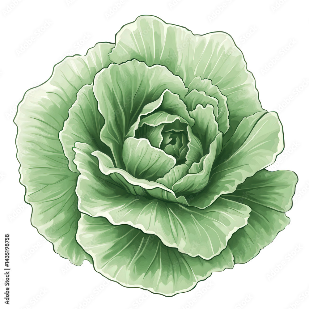 Obraz premium a highly detailed illustration of a green lettuce. showcasing its layered leaves and natural textures the vibrant shades of green emphasize freshness and vitality. making it suitable for culinary cont