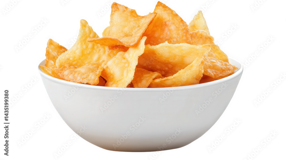 bowl filled with crispy. golden-brown fried snacks. resembling wontons or chips. arranged attractively to showcase their texture and color the bowl is simple and white. emphasizing the snack's appeali bowl filled with crispy. golden-brown fried snacks. resembling wontons or chips. arranged attractively to showcase their texture and color the bowl is simple and white. emphasizing the snack's appeali