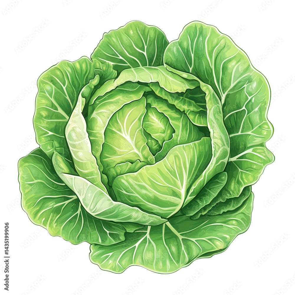 Fototapeta premium vibrant. detailed illustration of a green cabbage. showcasing its layered leaves and rich textures the artwork emphasizes the freshness and natural beauty of the vegetable. making it suitable for culi