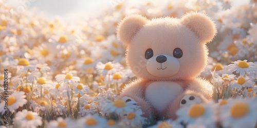 Teddy bear sits in a daisy meadow, enjoying nature; bright, soft focus, for child's room decor