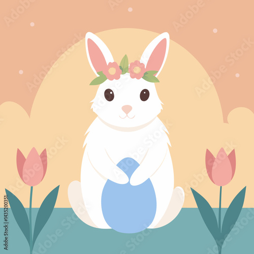A fluffy bunny with soft white and light gray fur, sitting calmly in dewy grass under a soft golden sunrise