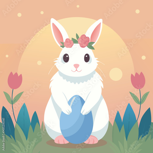 A fluffy bunny with soft white and light gray fur, sitting calmly in dewy grass under a soft golden sunrise