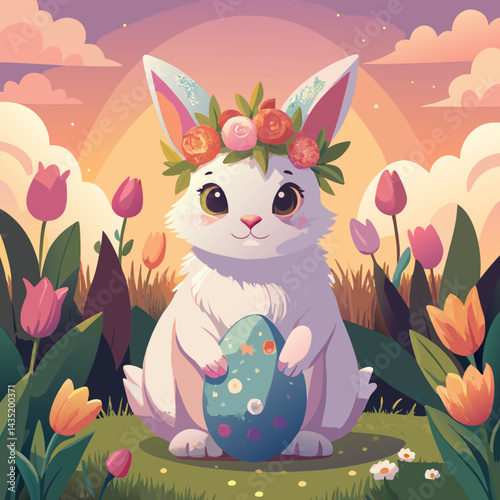 A fluffy bunny with soft white and light gray fur, sitting calmly in dewy grass under a soft golden sunrise