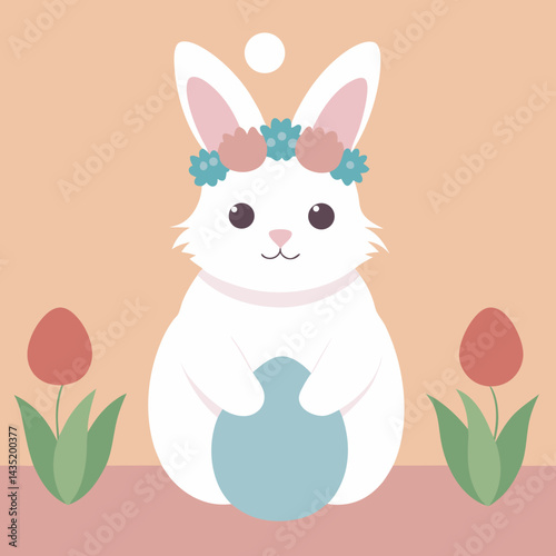 A fluffy bunny with soft white and light gray fur, sitting calmly in dewy grass under a soft golden sunrise