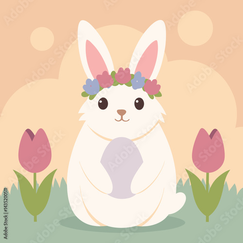 A fluffy bunny with soft white and light gray fur, sitting calmly in dewy grass under a soft golden sunrise