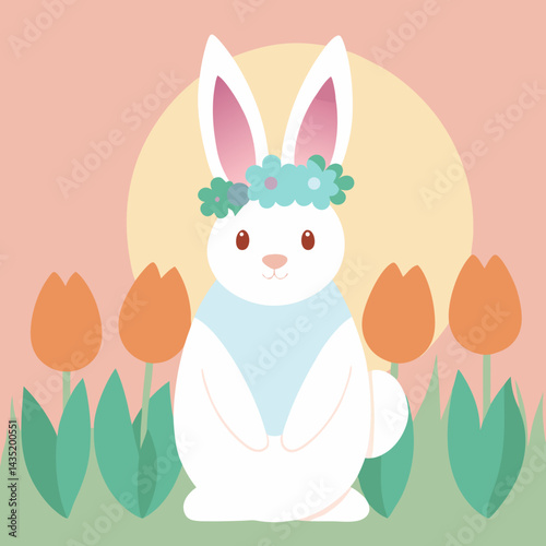 A fluffy bunny with soft white and light gray fur, sitting calmly in dewy grass under a soft golden sunrise