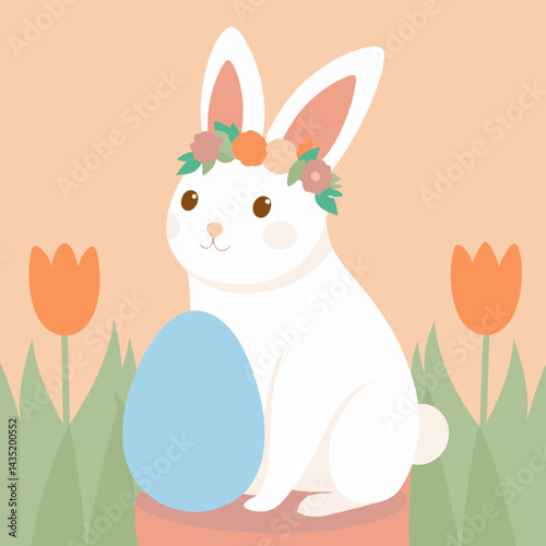 A fluffy bunny with soft white and light gray fur, sitting calmly in dewy grass under a soft golden sunrise