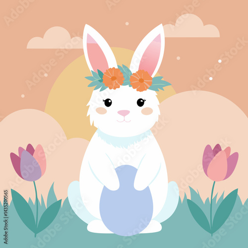 A fluffy bunny with soft white and light gray fur, sitting calmly in dewy grass under a soft golden sunrise