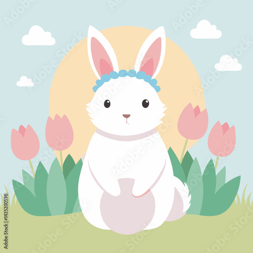A fluffy bunny with soft white and light gray fur, sitting calmly in dewy grass under a soft golden sunrise