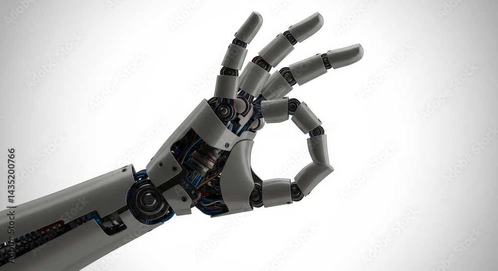 Isolated 3d robotic arm of futuristic technology with ok gesture sign on white background Isolated 3d robotic arm of futuristic technology with ok gesture sign on white background