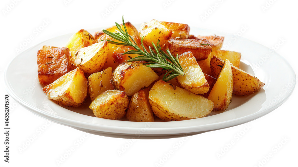 a plate of golden-brown roasted potatoes. garnished with a sprig of fresh rosemary. highlighting a delicious and visually appealing dish the potatoes are cut into various shapes and sizes. emphasizing a plate of golden-brown roasted potatoes. garnished with a sprig of fresh rosemary. highlighting a delicious and visually appealing dish the potatoes are cut into various shapes and sizes. emphasizing