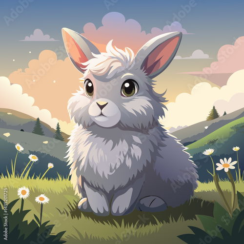 A fluffy bunny with soft white and light gray fur, sitting calmly in dewy grass under a soft golden sunrise