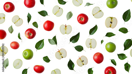 Apple background red green fruit slices leaves pattern wallpaper healthy eating food photography isolated on a transparent background.