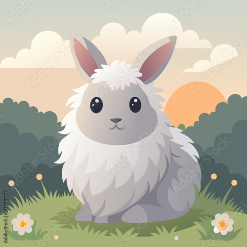 A fluffy bunny with soft white and light gray fur, sitting calmly in dewy grass under a soft golden sunrise