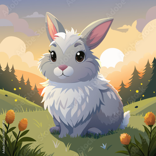A fluffy bunny with soft white and light gray fur, sitting calmly in dewy grass under a soft golden sunrise