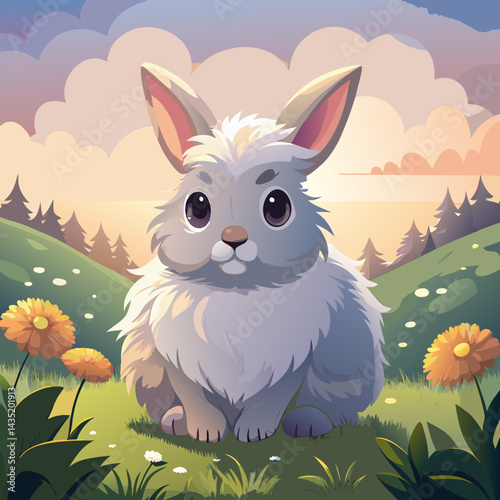 A fluffy bunny with soft white and light gray fur, sitting calmly in dewy grass under a soft golden sunrise