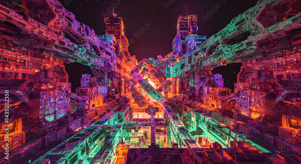 Obraz premium Abstract digital painting of a vibrant, futuristic cityscape. Intricate, glowing structures in orange, purple, and green hues dominate the composition, creating a sense of depth and complexity. 