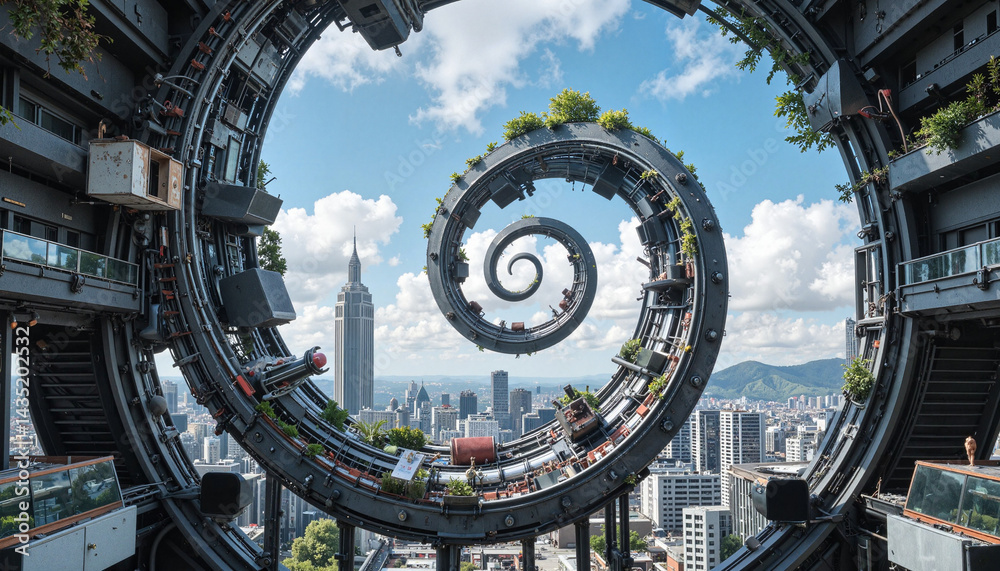 Obraz premium Futuristic spiral architecture with city skyline and greenery 