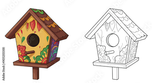 Decorative Birdhouse Art: A detailed illustration of a colorful birdhouse showcasing intricate designs and artistic flair.