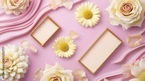 Interactive floral kit containing pale yellow daisies, soft blush roses, and golden rectangular frames, isolated on a smooth pastel fuchsia background.