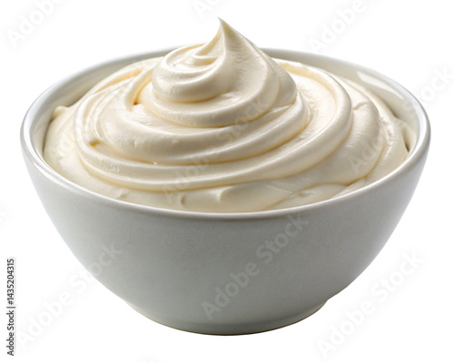 Bowl of creamy white whipped sour cream or vanilla frosting swirl isolated on white background, dairy food texture closeup