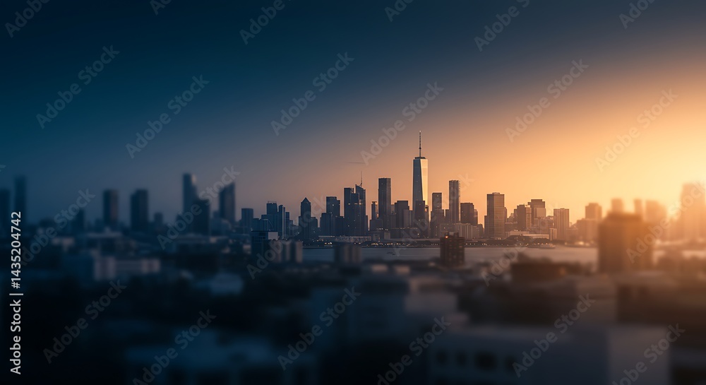 Fototapeta premium Cityscape at Sunset with Golden Light and Dark Blue Sky