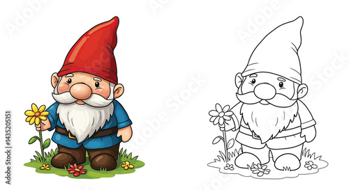 Playful Garden Gnome and Blooming Beauty: The garden gnome stands poised, cradling a vibrant sunflower amidst a cheerful garden setting. Depicted with its distinctive attire.