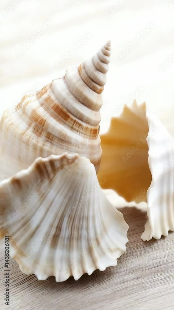 Close-up of intricate spiral seashell arrangement on a light wood surface showcasing patterns, textures, and coastal natural beauty.