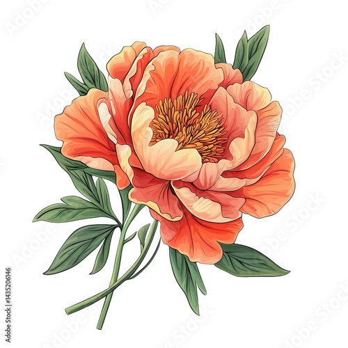orange peony flower with green leaves clip art preview