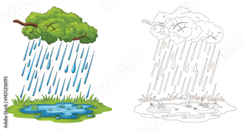Rainstorm’s Tear: Two images, the left with vivid colors capturing a vibrant storm and heavy rainfall and the right depicting a sketch image.