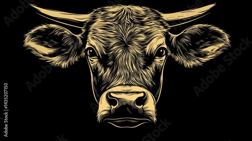 Detailed illustration of a cow's head, featuring intricate line work and a bold, graphic style.  The animal's face is front-on, with horns, ears, and a full muzzle visible.  