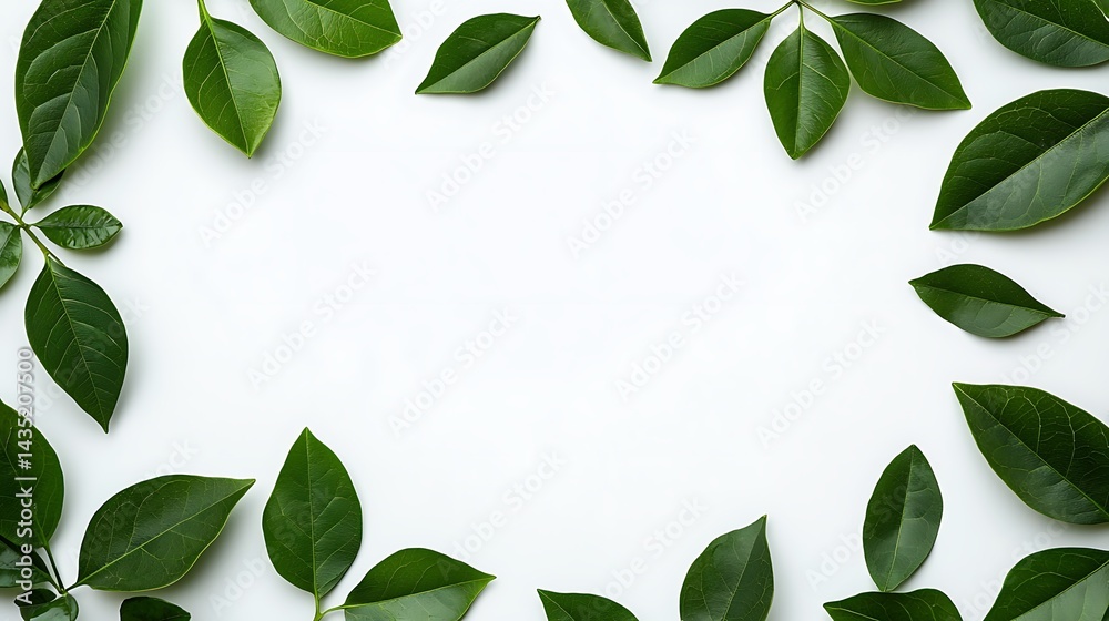 Naklejka premium Fresh Green Leaves Surrounding Blank White Space On A White Background Pristine Frame