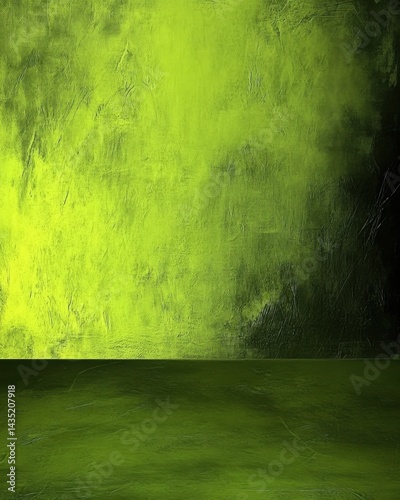 Abstract green background with textured wall and floor creating a modern studio backdrop for product photography or artistic design projects showcasing vibrant color