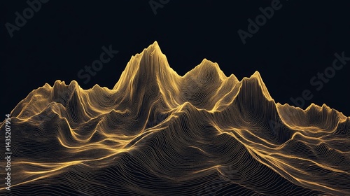 Abstract golden mountain range digital art landscape illustration 3d dark lines black hills peaks