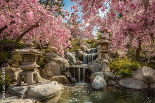 Japanese garden waterfall with stone lanterns peeking through sakura blossoms, the pink petals swirling in the gentle whirlpools at the base