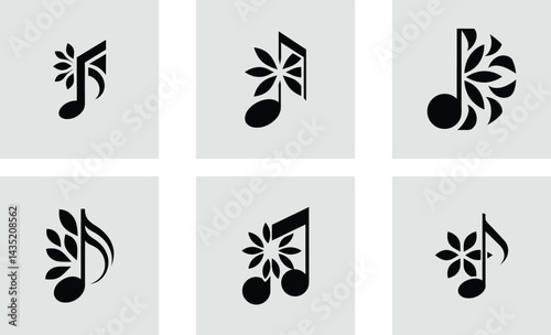 Musical note logo with floral decoration logotype stylish vector art set design