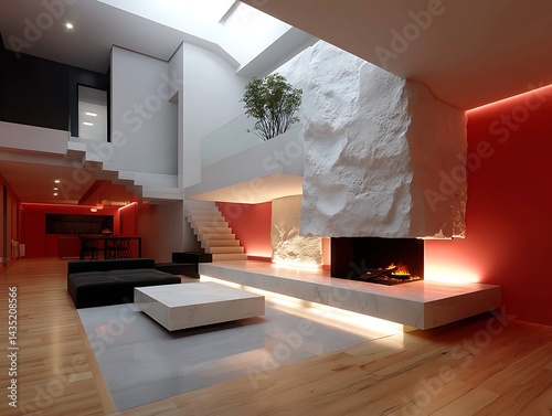 Modern Open-Plan Living Room with a Unique Fireplace