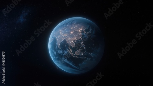 Earth from space, Asia highlighted.  Cities glow brightly