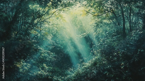Sunlight streaming through lush green forest canopy in tranquil woodland setting.