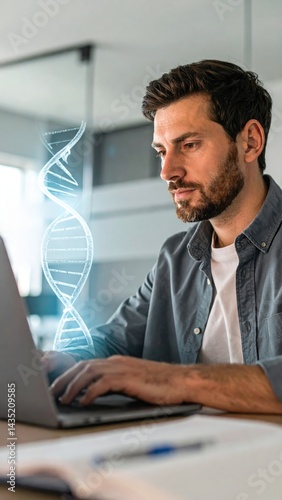 A focused man works on his laptop, with a digital DNA strand graphic displayed, highlighting themes of technology and genetics.