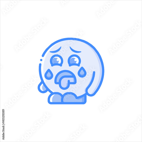 Sad cartoon character expressing sorrow with tears and a drooling tongue against a white backdrop, conveying feelings of sadness and despair.