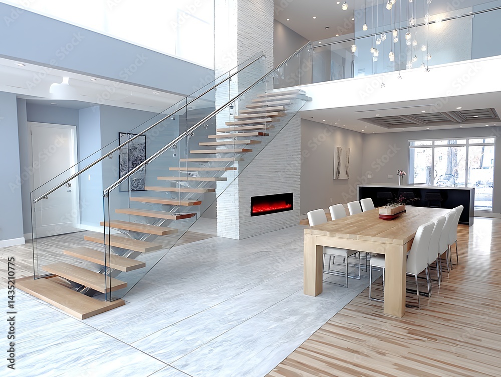 Obraz premium Modern Open-Concept Dining Room with Glass Staircase