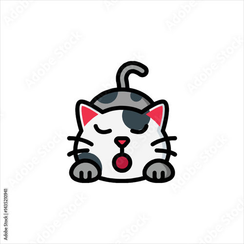 Cute cartoon cat yawning with closed eyes, isolated on white, showing a sleepy and adorable feline in a minimalist style.