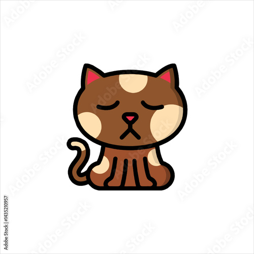 Sad brown cat with white spots sits quietly, looking dejected and lonely against a plain white backdrop, conveying a sense of melancholy and solitude.